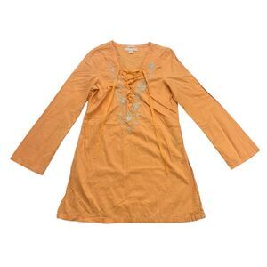 Old Navy Tunic Womens Small S Orange Boho Hippie Lace Up Embroidered Long Sleeve